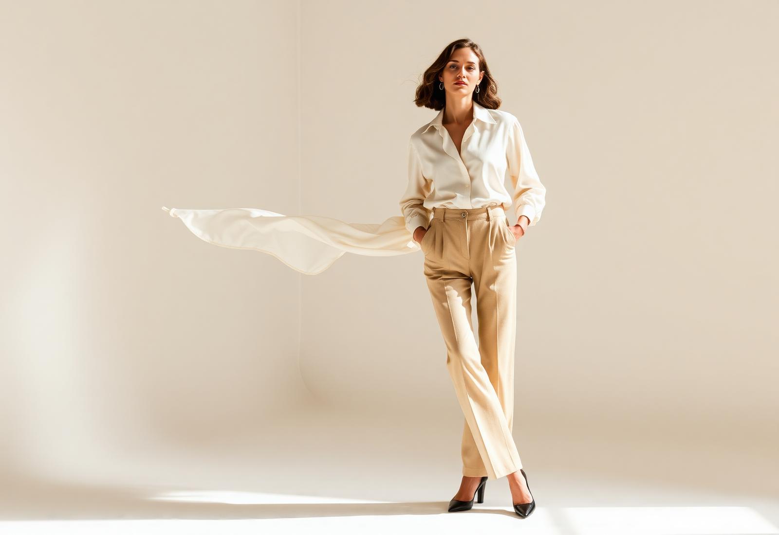 Model in a cream silk blouse and tailored beige trousers